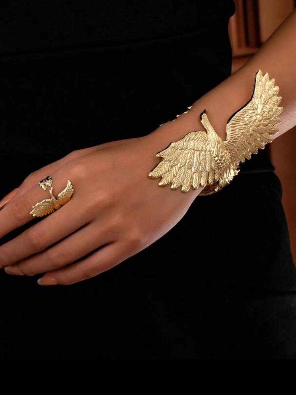 Gold Swan Wing Bracelet and Ring Set - Picture 2 of 3